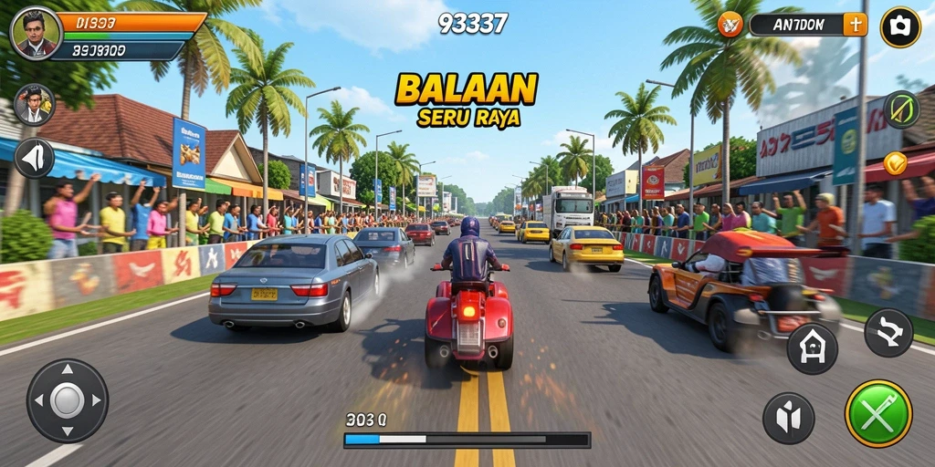 Screenshot gameplay 93337 menampilkan lintasan balap yang penuh tantangan.