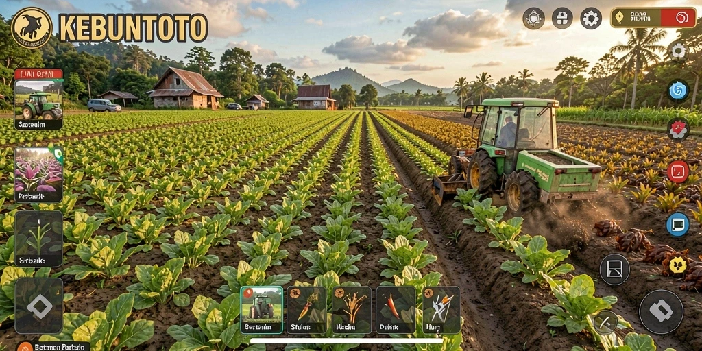 Tampilan gameplay KEBUNTOTO dengan suasana pertanian yang asri dan interaktif.