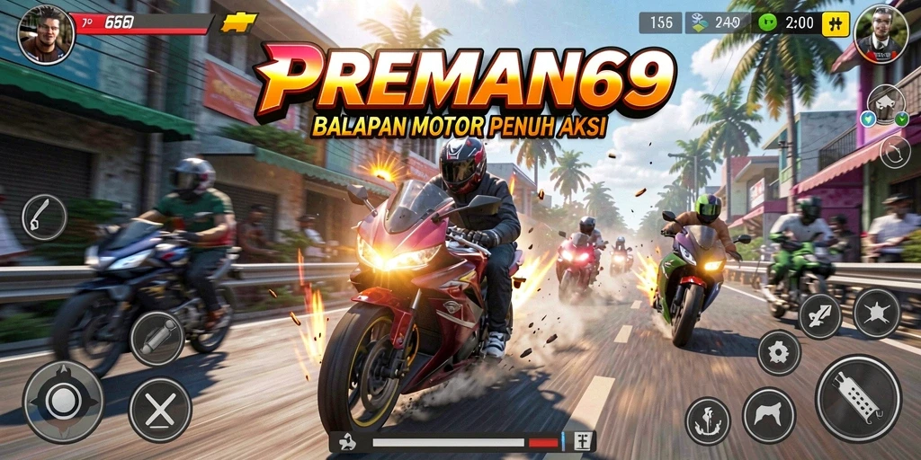 Gameplay seru dari PREMAN69 dengan balapan motor penuh aksi.