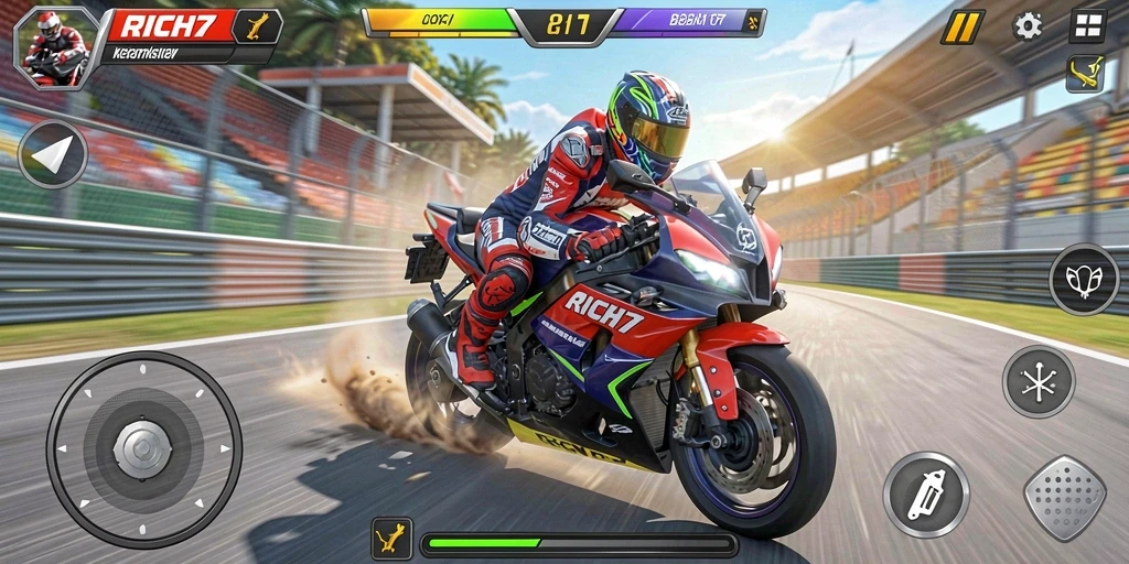 Gameplay seru RICH7 di lintasan balap motor.