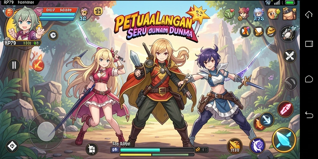 Gameplay RP79 menampilkan pertarungan karakter anime yang seru dan dinamis.