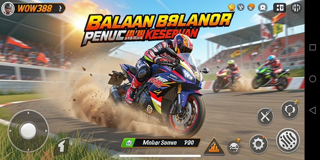 Tampilan gameplay WOW388 yang mendebarkan di trek balap motor.