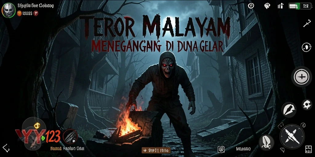 Screenshot gameplay YY123 menampilkan suasana mencekam dan lingkungan yang menakutkan.
